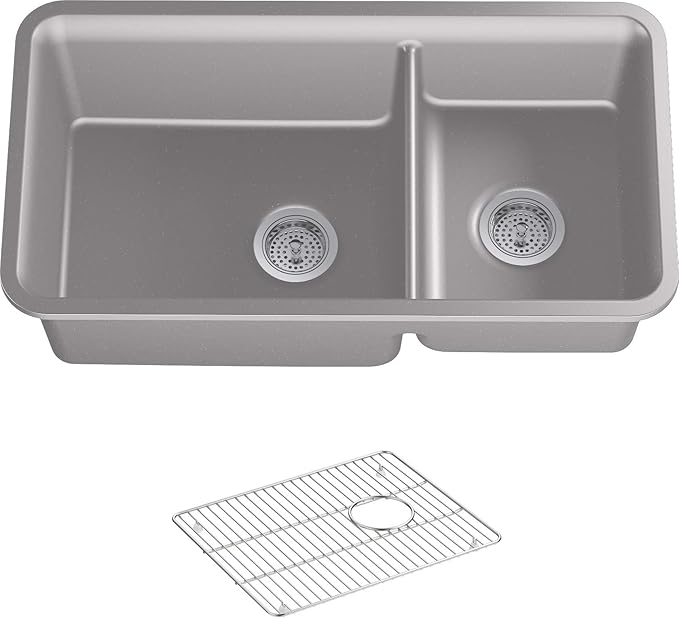 KOHLER K-8204-CM4 Cairn Sink, 33" Neoroc Composite Undermount Double-Bowl Kitchen Sink, Composite Kitchen Sink with Sink Rack, Matte Grey