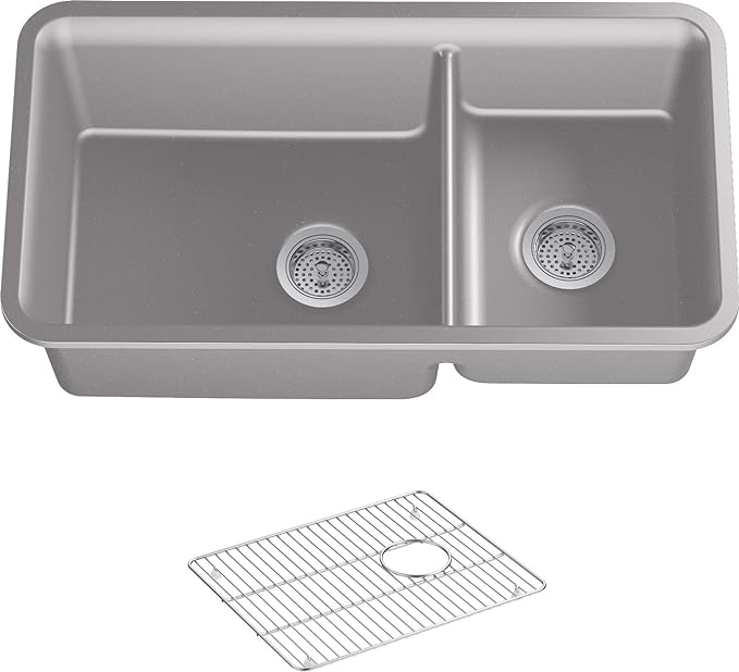KOHLER K-8204-CM4 Cairn Sink, 33" Neoroc Composite Undermount Double-Bowl Kitchen Sink, Composite Kitchen Sink with Sink Rack, Matte Grey