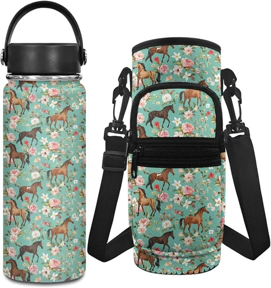 Horse 20 OZ Insulated Water Bottle for Girls Stainless Steel Water Bottle Floral Water Bottle Carrier Bag and Reusable Water Bottle Set