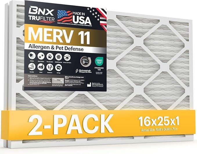 BNX TruFilter 16x25x1 Air Filter MERV 11 (2-Pack) - MADE IN USA - Allergen Defense Electrostatic Pleated Air Conditioner HVAC AC Furnace Filters for Allergies, Dust, Pet, Smoke, Allergy MPR 1200 FPR 7
