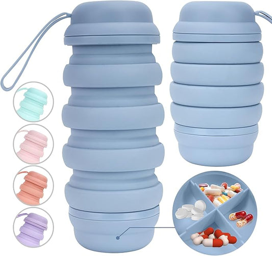 Collapsible 16 oz Water Bottle, Reusable Water Bottle, Portable Water Bottle, Pill Storage, Silcone Water Bottle, BPA Free, Vitamin Storage. (Blue)