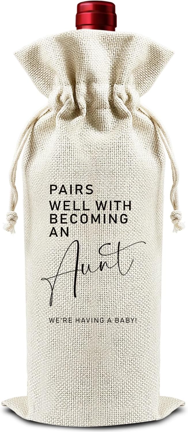 Pairs Well with Becoming An Aunt - Gifts for Sister Wine Bags, 1 PC Reusable Drawstring Burlap Wine Bottle Bags, Baby Announcement Gifts for Women Ladies, Wine Gift Bag Wine Accessories -39