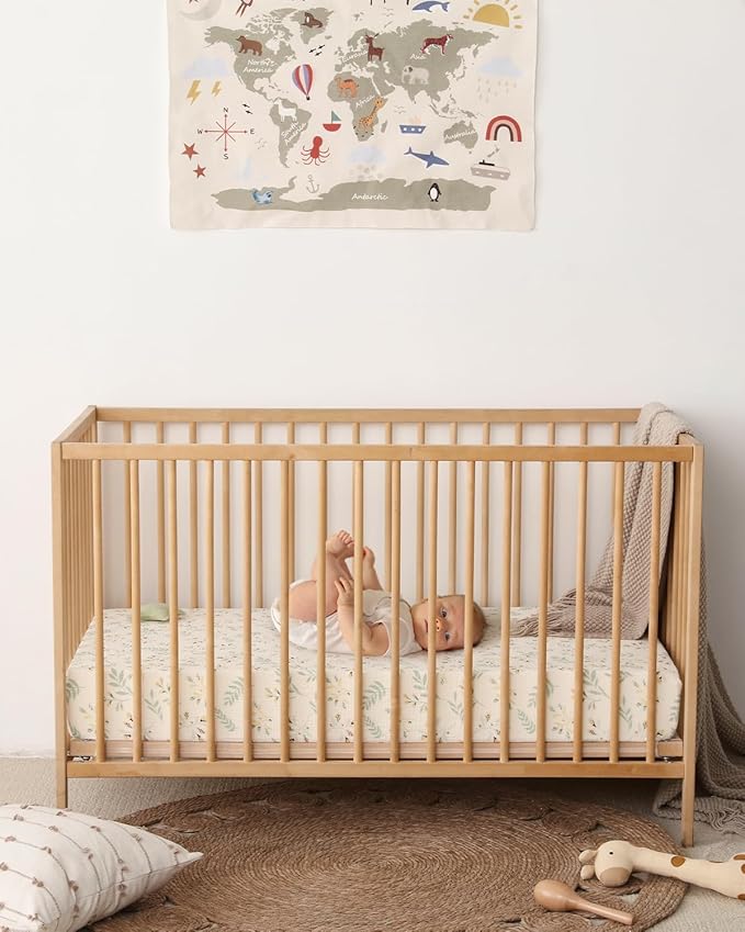 Blissful Diary Muslin Crib Sheets for Girl Boy, Boho Neutral Soft Cotton Baby Sheet for 52''x28'' Standard Crib Mattress, 2 Pack(Roman Green&Leaf)