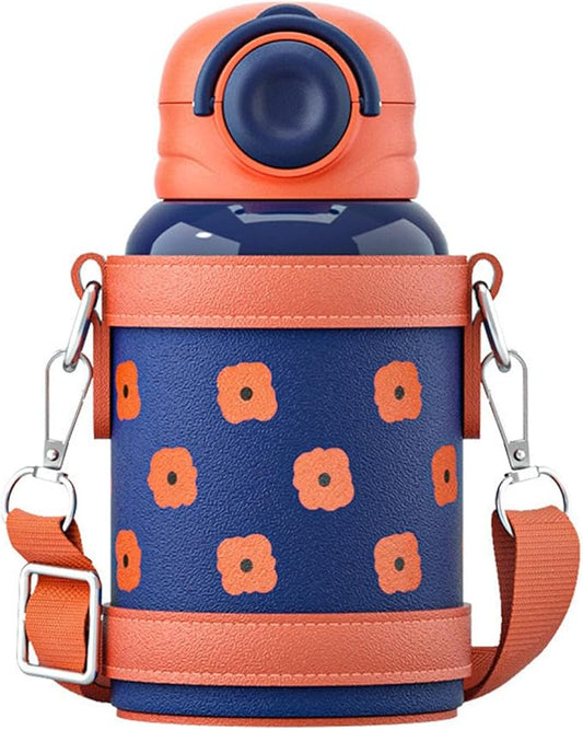 Cute Water Bottle with Sleeve and Straw, Kawaii and Vacuum Insulated Stainless Steel Metal Water Jug for School Camping Sports Travel (BLUE)