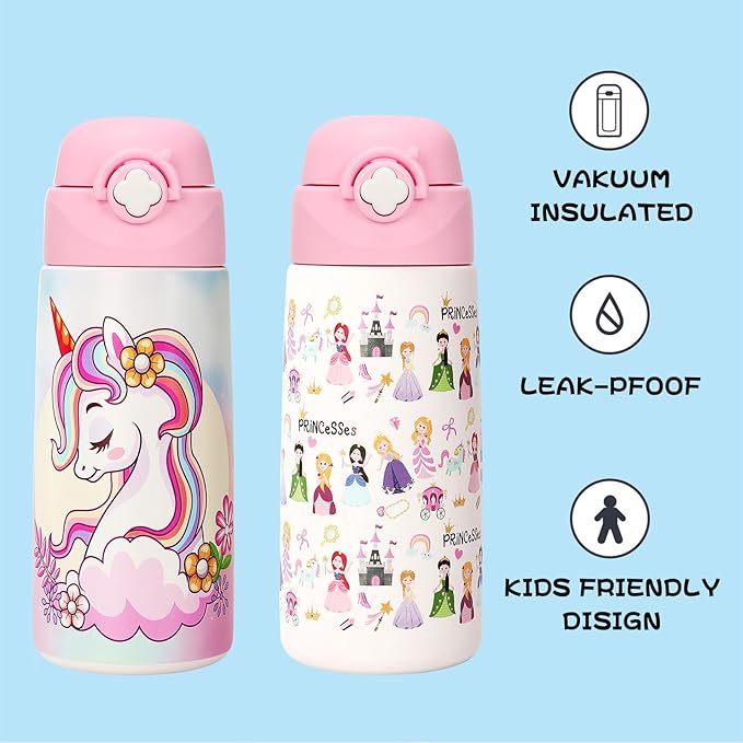 Kids Insulated Water Bottle with Covered Pop-Up Straw,16oz Kids Cups with Stainless Steel Leak Proof for School Boys Girls（2PCS,UNICORN+RAINBOW）