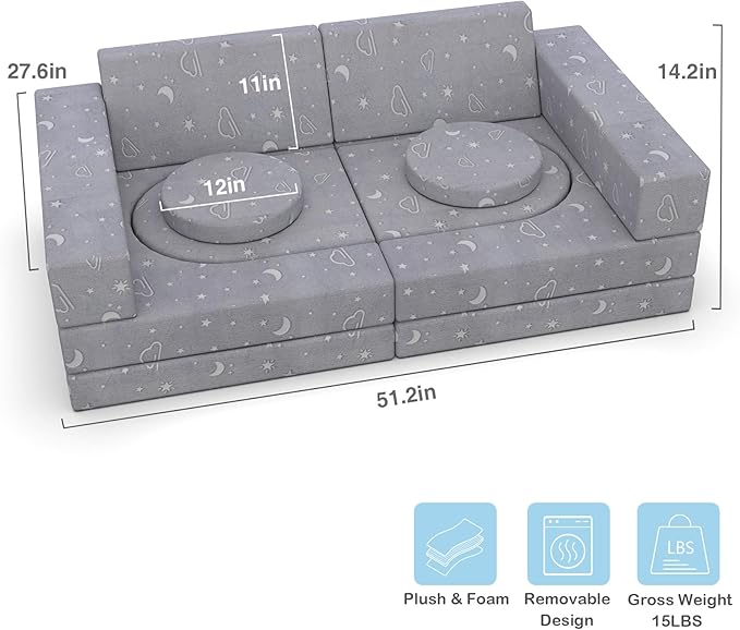 Kids Couch, 12PCS Modular Kids Play Couch with Blanket, Kids Sofa Couch with Glow Effects for Playroom & Indoor, Convertible Toddler Couch for Girls and Boys