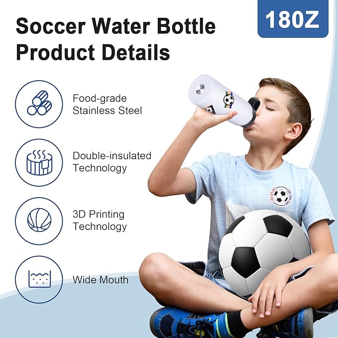 Soccer Gifts for Boys Girls 8-12,Soccer Water Bottles and 50PCS Stickers Dirp Stuff for Kid Player Lovers(18OZ)