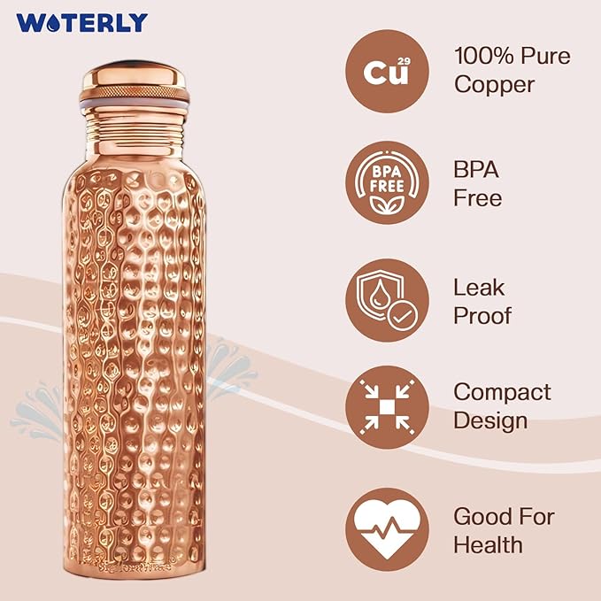 Handcrafted Pure Hammered Copper Bottle 34 oz (1000 ml) | Ayurvedic Pure Copper Bottle | Best use for Office, Gym & gifts | 100% Pure Heavy Copper Material with Leak proof Quality ( Hammered )