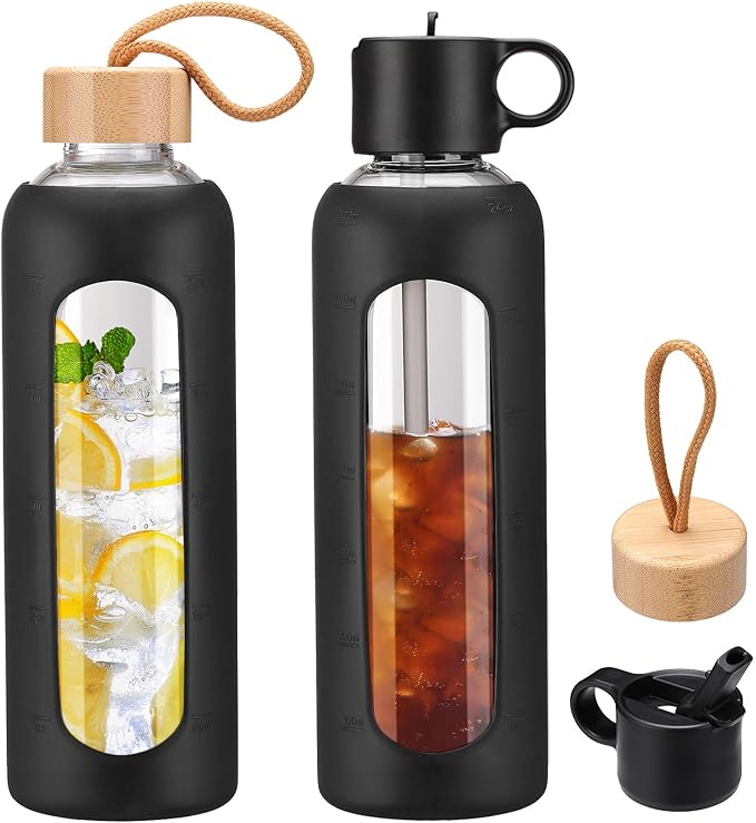 24oz Glass Water Bottle With 2 Lids-Flip Straw Lid, Bamboo Lid, Glass Water Bottle With Silicone Sleeve, Motivational Time Marker, Glass Juice Bottle for Cold Drink,Black