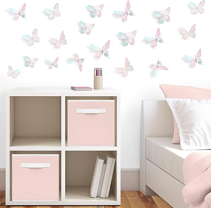 SAOROPEB 3D Butterfly Wall Decor 48 Pcs 4 Styles 3 Sizes, Laser Pink Butterfly Birthday Decorations Butterfly Party Decorations Cake Decorations, Removable Stickers (Laser Pink)