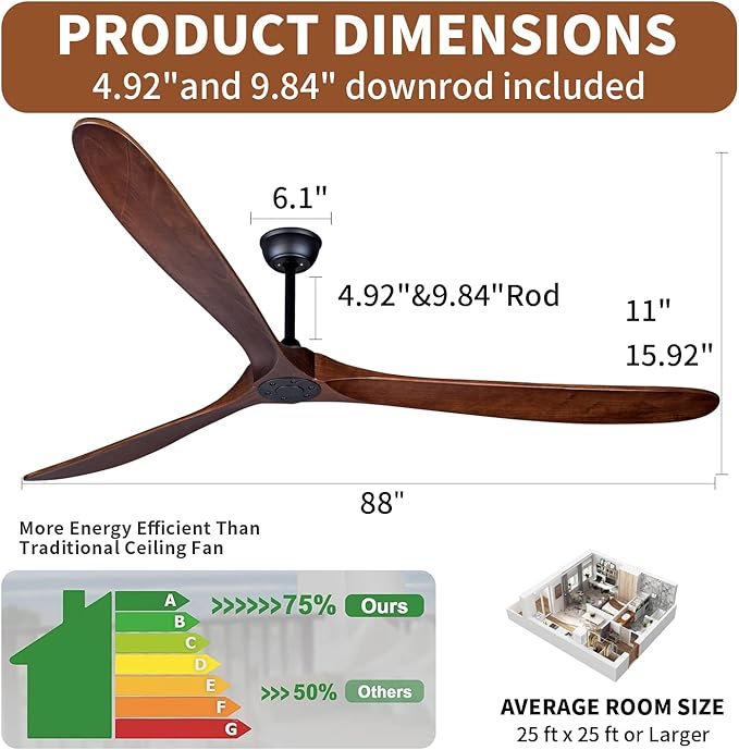 Bigzone 88" Big Ceiling Fan With Remote Control, DC Motor Quiet Energy Saving,3 Brown Balsa Wood Blades,Outdoor/Indoor Ceiling Fan With Reversible Blades