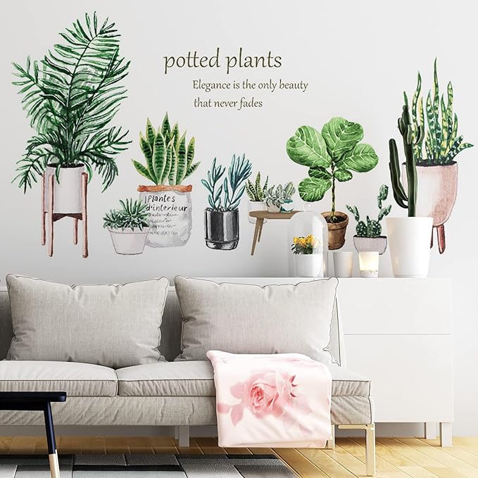 Green Plants Potted Wall Decals Tropical Plants Green Leaves Wall Stickers, DIY Vinyl Nature Wallpaper, for Living Room Background Wall Decoration Kids Bedroom Kitchen Office Girl Room