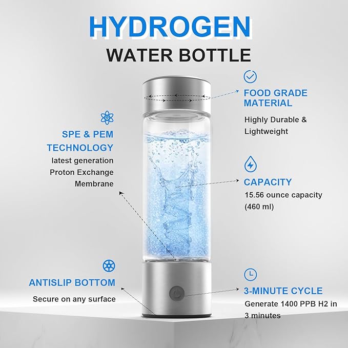feifuns Hydrogen Water Bottle Generator, 2-in-1 Rechargeable Portable Glass Hydrogen Water for Health, 3 Mins & 3 Steps, 4th Generation SPE & PEM Technology, Matching Your Lifestyle (Silver)