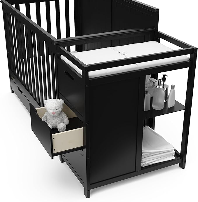 Graco Hadley 5-in-1 Convertible Crib and Changer with Drawer (Black) – GREENGUARD Gold Certified, Crib and Changing Table Combo with Drawer, includes Baby Changing Pad, Converts to Full-Size Bed