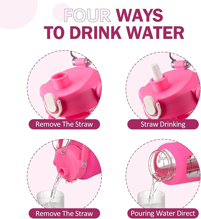 kytffu 64oz Glass Water Bottles with Straw, Half Gallon Motivational Glass Bottle with Silicone Sleeve and Time Marker, 2L Leakproof Large Glass Water Jug for Gym Home Office, Rose Red