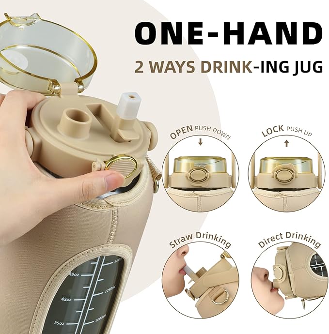 Half Gallon 64oz Glass Water Bottle with Straw and Storage Sleeve Motivational Water Bottle with Strap and Time to Drink 2L Leakproof Reusable Water Jug for Fitness Gym and Outdoors