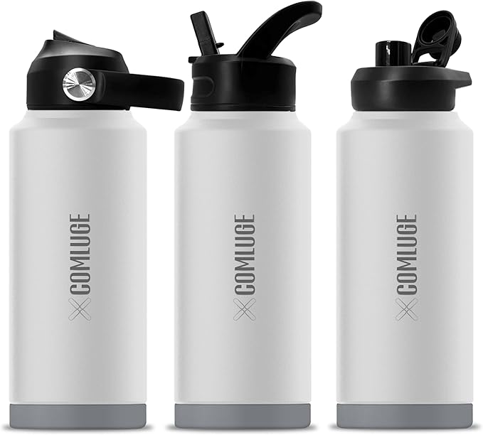 white 32 oz insulated water bottle with straw stainless steel water bottle,double wall,leak proof water bottles with 3 lids,travel,gym mens water bottle(Pearl Grey, 32oz)