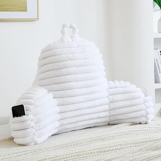Faux Fur Fluffy White Reading Pillow with Pockets, Luxury Striped Plush Decorative, Arm Rests and Back Surport for Bed Rest, Lounging on sofa, Standard
