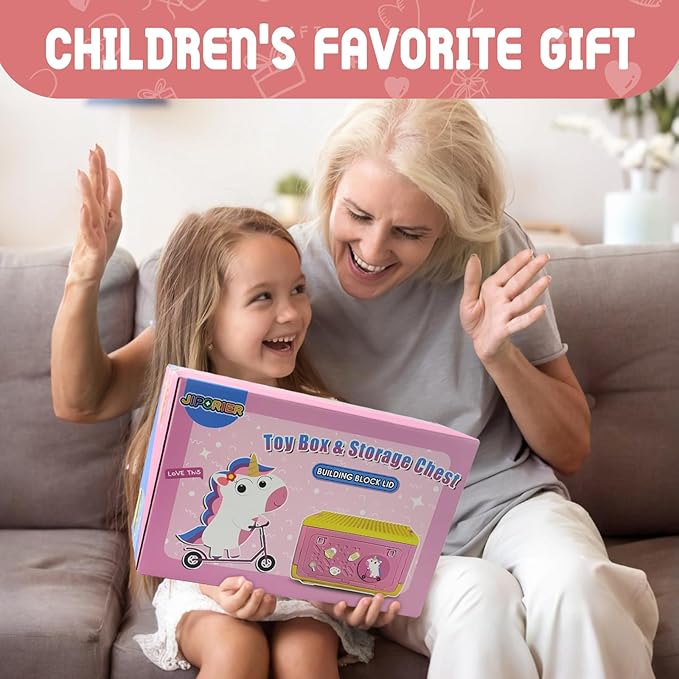 Toy Box Chest with Lid, Unicorn Collapsible Storage Organizer for Kids Boys Girls, Plastic Stackable Toddler Toy Bins with Building Block Lid (Pink)