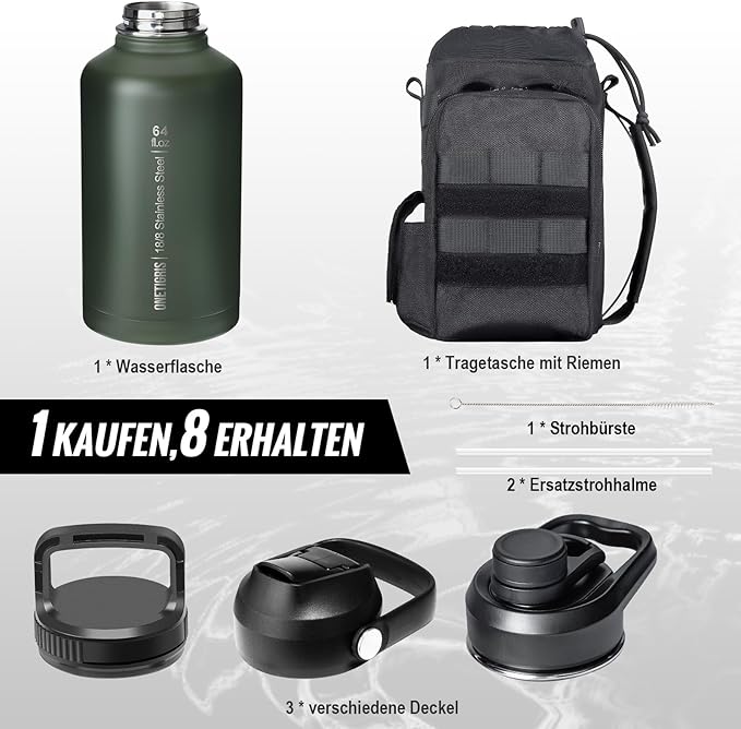 OneTigris Tactical Half Gallon Water Bottle with Straw - 64 oz Vacuum Insulated Stainless Steel Water Jug, Leakproof Sport Bottle with 3 BPA Free Lids, Paracord Handle & MOLLE Water Pouch for Outdoor