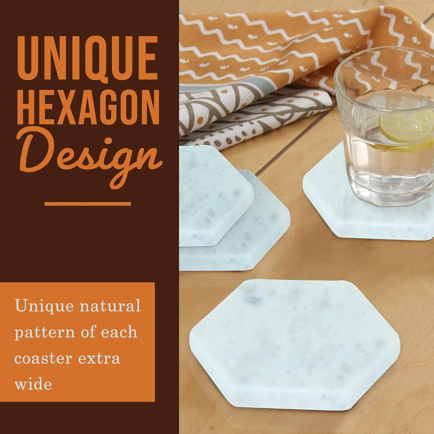 Set of 6 Hexagon Marble Coasters | White Decor for Modern Homes | Drink Coasters for Coffee Table, Dining, Bar or Office| Made from 100% Solid Real Marble | Cute Stone Coasters