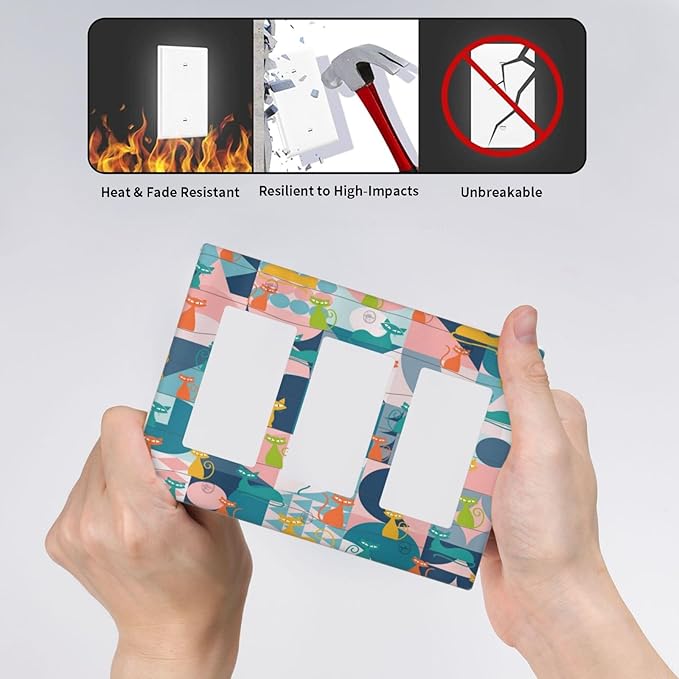 Mid Century Modern Atomic Cute Cats 3 Gang Rocker Light Switch Covers Triple Outlet Wall Plate Decorative Switchplate Cover Faceplate GFCI for Kidroom Nursery Bedroom Decor