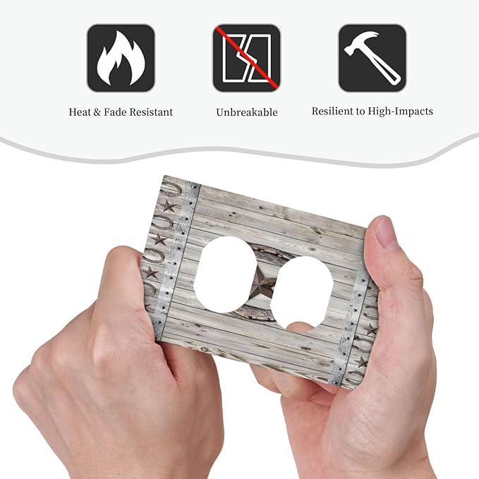 Rustic Western Wood Barn Door Horseshoe Iron Star Single Duplex Wall Plate Covers Light Switch Cover 1 Gang Outlet Plate Decorative Switchplate Covers Electrical Faceplate for Farmhouse Bedroom