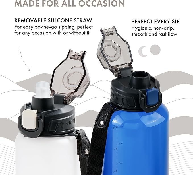 GRANDTIES Sports Tritan Plastic Water Bottle with Straw, Removable – Leakproof BPA Free Dishwasher Safe Travel Water Bottle with Strap for Gym, Outdoor, Fitness (Frosted Snowy White, 28oz (800mL))