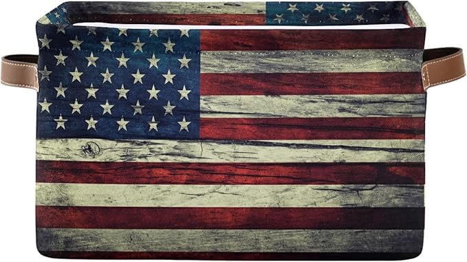 Retro American Flag Storage Basket Collapsible Storage Box with Leather Handles Rectangular Laundry Organizer 1 PC for Bathroom Clothes Kids Toys Nursery