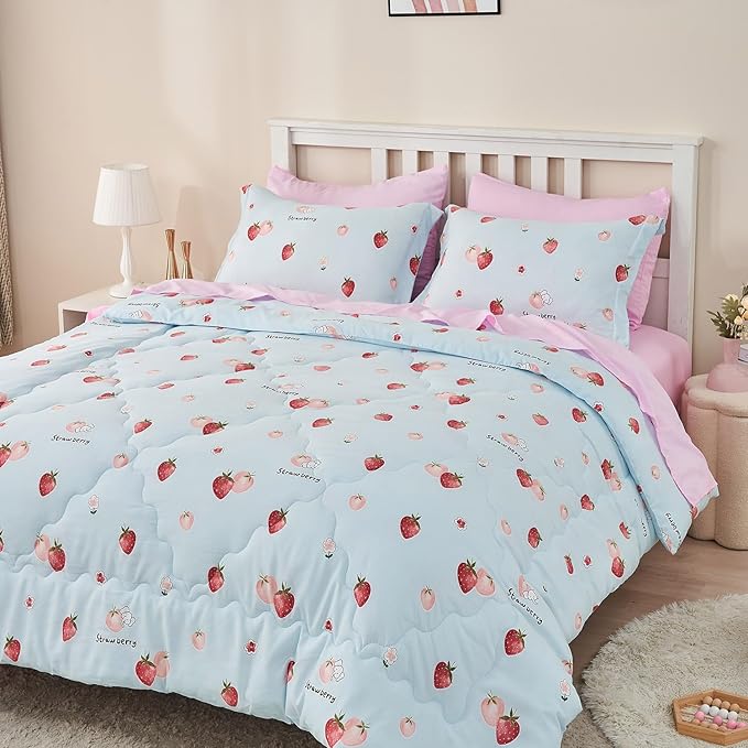Wajade Kids Strawberry Comforter Set Bed in A Bag Full Size 7 Piece Blue 3D Cute Strawberry Fruit Bedding Set for Girls Boys (1 Comforter, 1 Flat Sheet, 1 Fitted Sheet, 2 Pillowcase and 2 Pillow Sham)