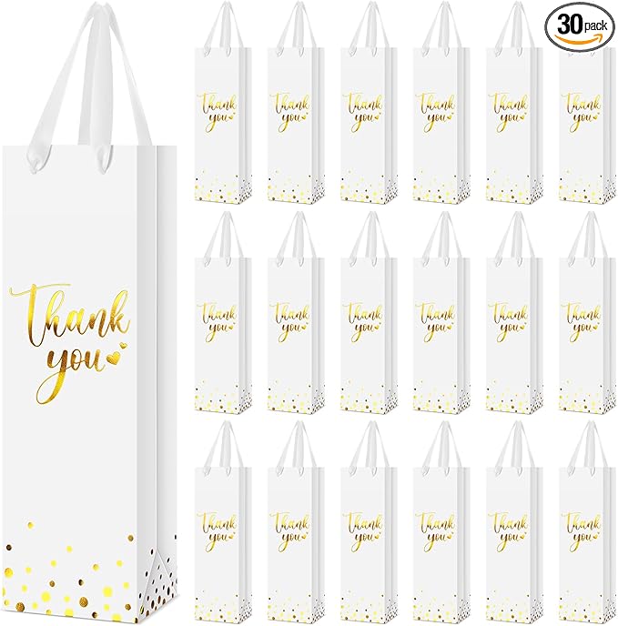 Ctosree 30 Pcs Wine Gift Bag for Wine Bottle Wedding Wine Thank You Gift Bag with Metallic Gold Foil Print Kraft Wine Paper Favor Bag with Attractive Rope Handle for Graduation Bottle(White)