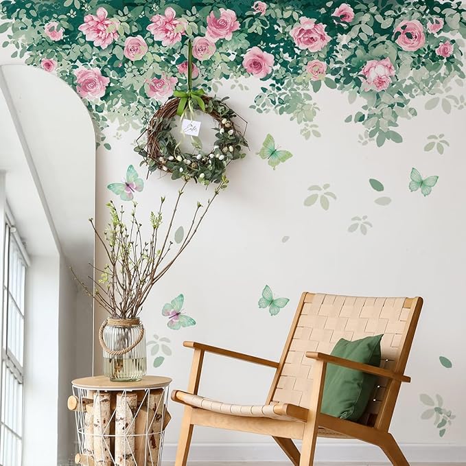 Pink Rose Wall Stickers - Stylish Home Decor with Green Leaves, 30x90cm