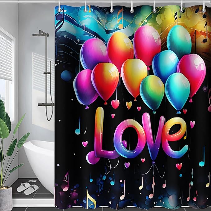 AILONEN Love Theme Shower Curtain for Bathroom, Romantic Rainbow Balloon Tie Dye Bath Curtain for Kids Girls Women,Abstract Music Black Shower Curtain Waterproof with 12 Plastic Hooks, 36" W*72" H