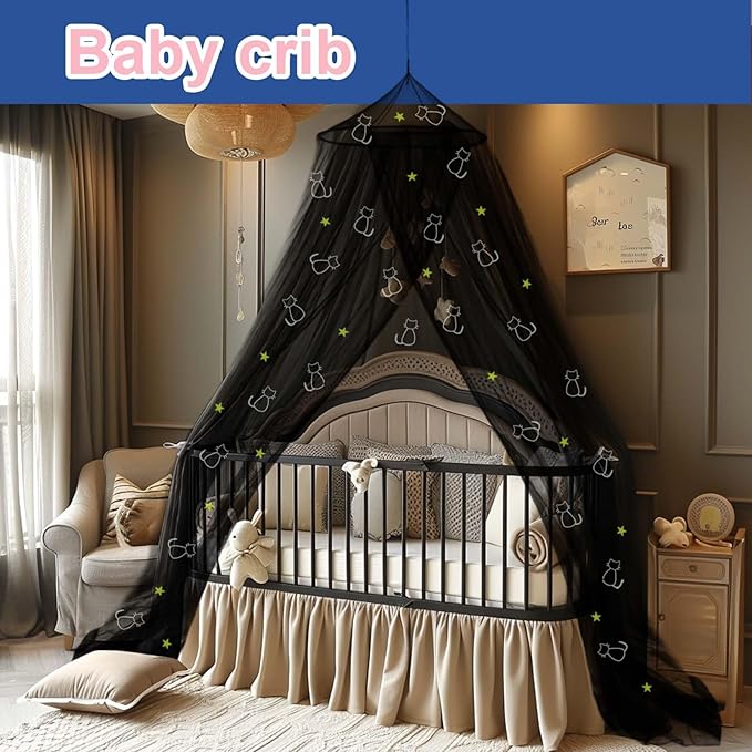 Daksha Black Princess Bed Canopy for Girls with Glowing Stars and Cats, Ceiling Tent for Kids Room Decor, Fits Twin, Full and Queen Size Beds