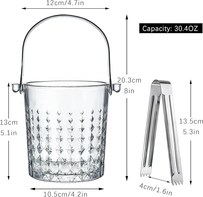Clear Glass Ice Bucket with Handle and Ice Tong Ice Bucket for Cocktail Bar Accessories Clear Champagne Bucket for Parties