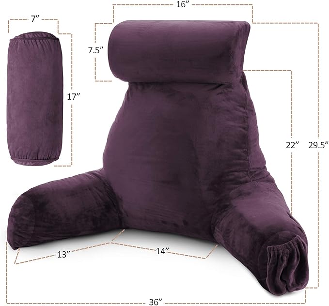 Nestl Reading Pillow Large Bed Pillow, Back Pillow for Sitting in Bed Shredded Memory Foam Chair Pillow, Reading & Bed Rest Pillows Purple Back Pillow for Bed, Bed Chair Arm Pillow with Pockets