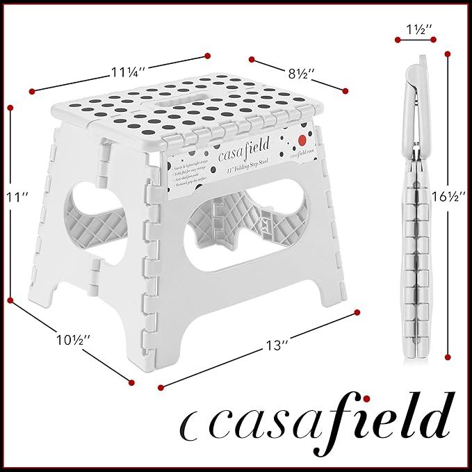 Casafield 11" Folding Step Stool with Handle, White - Portable Collapsible Small Plastic Foot Stool for Kids and Adults - Use in The Kitchen, Bathroom and Bedroom