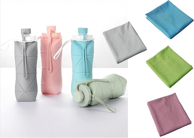 Gift for Father Day and Graduation, New Portable Silicone Collapsible Water bottle with Cooling Towel for Traveling and Outdoor Sports,600ml BPA Free Water Bottle,Summer Essentials (Grey)