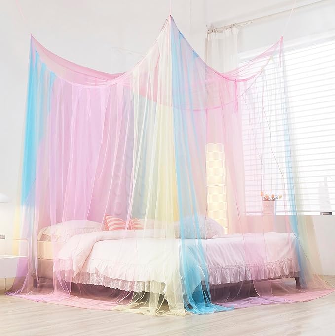 Mengersi Rainbow Bed Canopy with Lights,Bed Netting Canopy for Bed Square Canopy Bed Curtains Canopy - Suggested for Full to King Size Bed,Blue