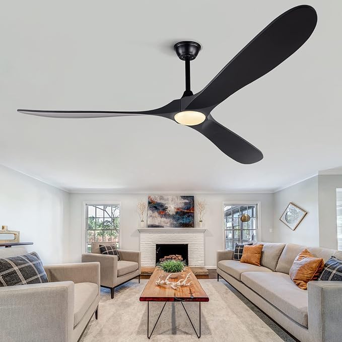 BOJUE 72 Inch Black Ceiling Fans with Lights and Remote Control, Indoor Outdoor Ceiling Fan, Wood Ceiling Fan flush mount with 3 Wood Blade for Bedroom Patio Living Room (Black Blades)