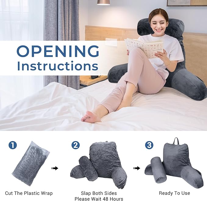 COOLBEBE Reading Pillow for Bed Backrest Pillow for Bed Sitting Up Adult with Arms Grey Back Support Pillow with Headrest & Pockets, Removable Washable Cover and Detachable Neck Roll(Large 27")