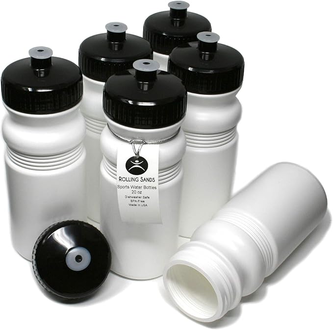 Rolling Sands 20 Ounce Sports Water Bottles 6 Pack, BPA-Free, Made In USA, Dishwasher Safe, White Bottles/Black Lids