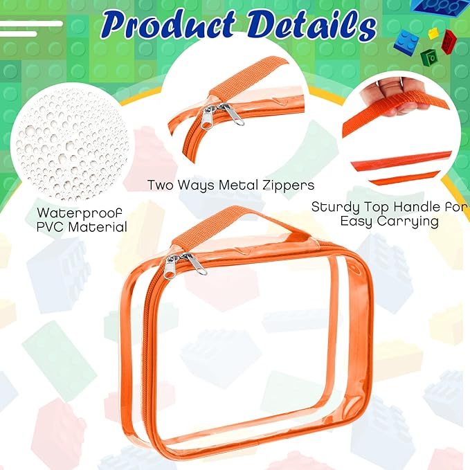 Sanwuta 3 Packs Toy Storage Bags with Zipper, Clear PVC Organizing Bags, Waterproof Toy Bags for Board Games, Building Blocks, Toys and Kids Books (Red, Yellow, Orange,12.6 x 9 x 2.36 Inch)