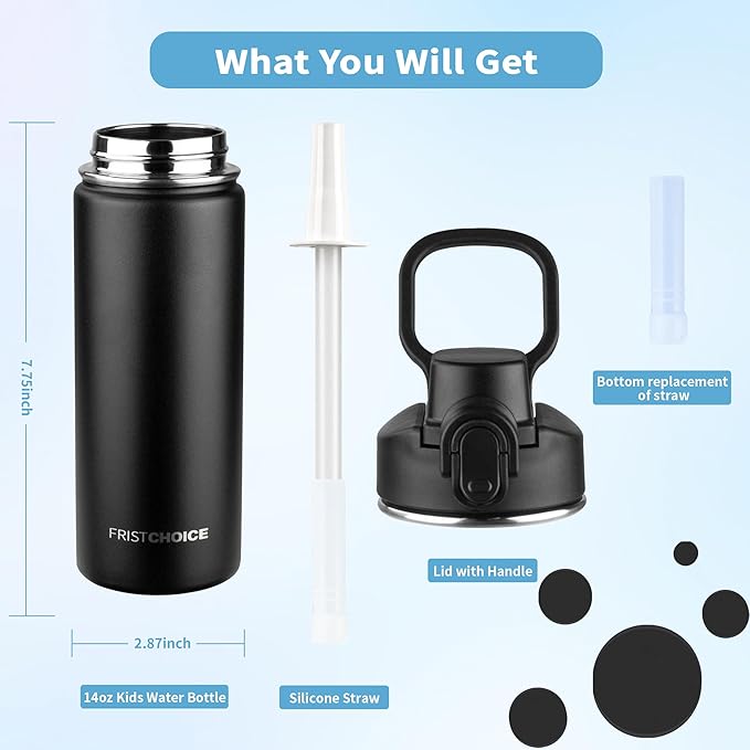 Insulated water bottle with Straw,18oz Stainless Steel Water Bottle for Adult Kids,Double Wall Vacuum Wide Mouth Insulated Water Bottle for School,BPA-free and Leak-proof（18oz,Black）