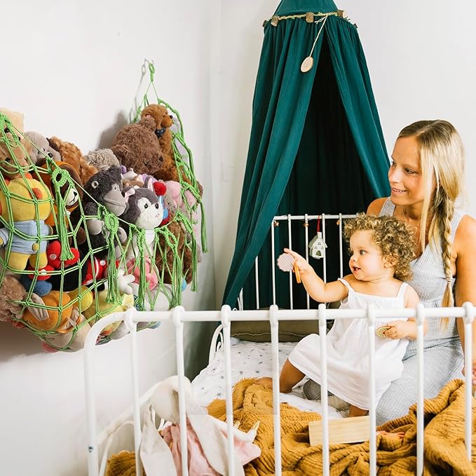 Stuffed Animal Net or Hammock -Wall Mounted-Handmade Macrame Toy Hammock Organizer Stuffed Animal Display Plush Toys Holder Boho Decor for Nursery Playroom-Green