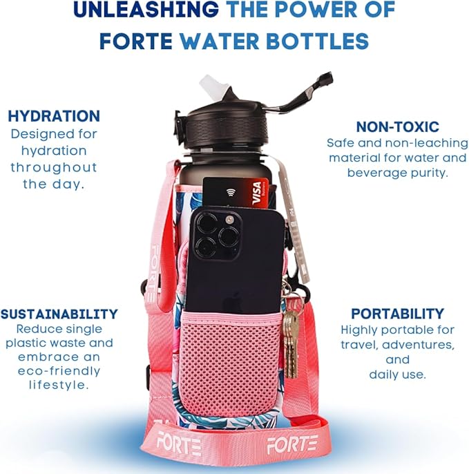 FORTE Plastic Water Bottle with Sleeve - BPA-Free Water Jug with Leak Proof Lid and Straw - Perfect for Gym, Office, and Everyday Use (Floral)