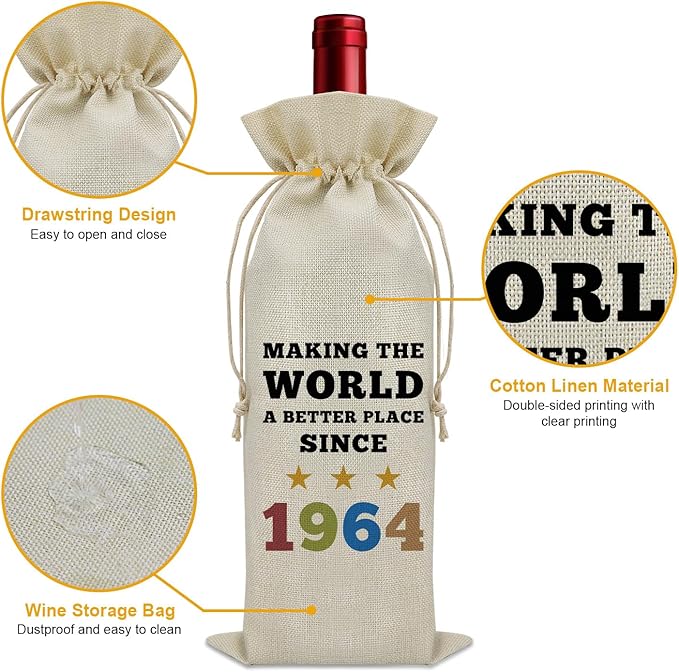 Sazuwu 60th Birthday Gifts for Women Men Wine Bag Born in 1964 Gifts for Grandma Grandpa 60 Year Old Birthday Gifts for Mom Dad Wine Bottle Decoration Bag Wine Accessories Gifts for Wine Lovers