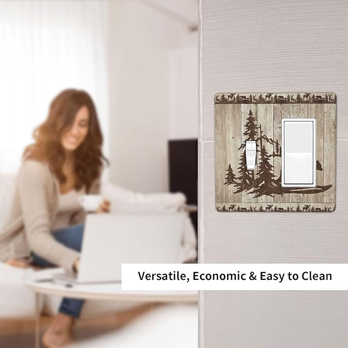 Rustic Wood Bear Forest 2 Gang Single Toggle Rocker Combination Light Switch Cover Vintage Antique Cabin Decorative Wall Plate Cover Electrical Faceplate for Farmhouse Bathroom Bedroom Kitchen Decor