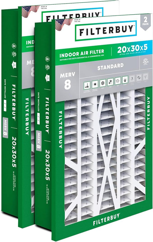 Filterbuy 20x30x5 Air Filter MERV 8 Dust Defense (2-Pack), Pleated HVAC AC Furnace Air Filters Replacement for Honeywell Return Grille (Actual Size: 18.38 x 28.63 x 3.69 Inches)