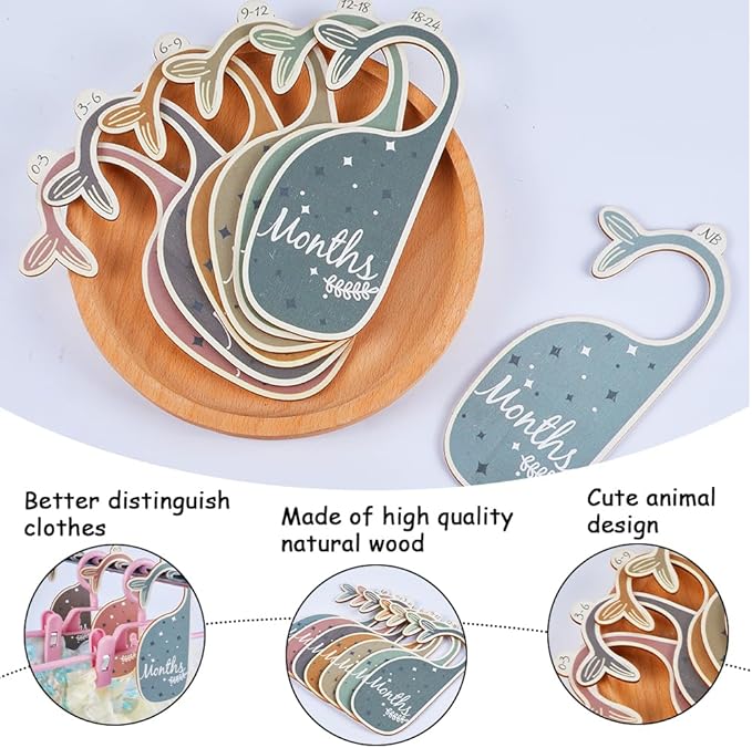 CRASPIRE 8Pcs Wooden Baby Wardrobe Dividers Whale Nursery Decor from Newborn to 24 Month Hanger Seperaters Baby Closet Organizers Nursery Infant Wardrobe Hangers Divider for Newborn Shower
